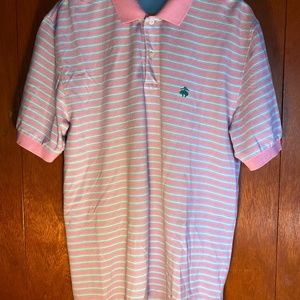 Brooks Brothers Polo Shirt Men's L, Pink, Blue, White Stripe,  100% Cotton VTG
